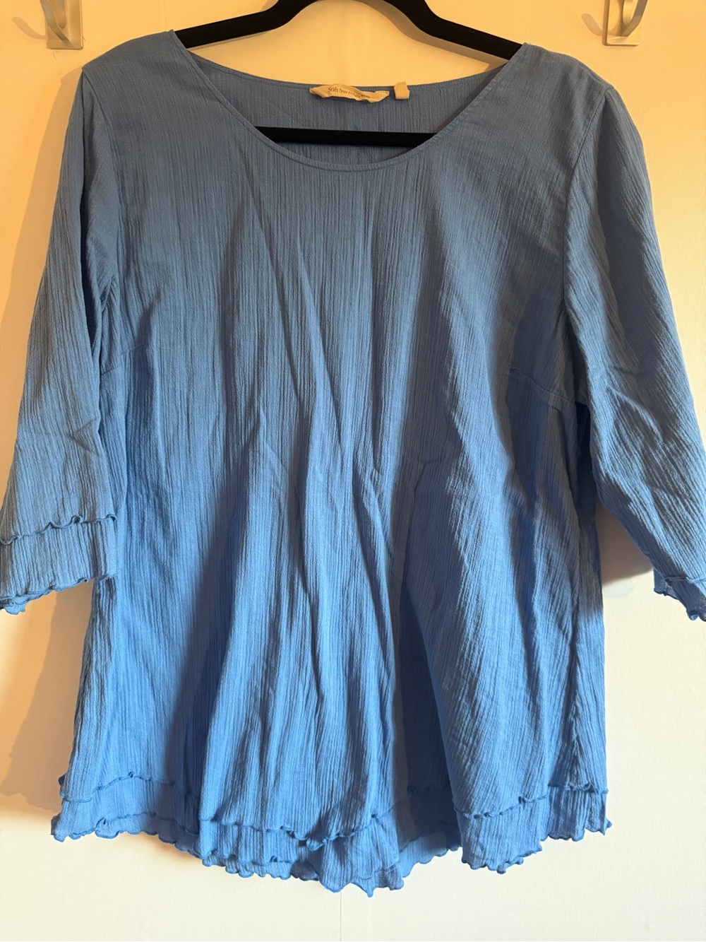 Soft Surroundings Blue Crinkle Cotton Tunic Top L 3/4 Sleeve Boho Lightweight